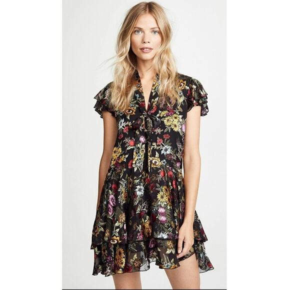 Alice + Olivia Moore Floral Flutter Sleeve Tiered Dress Size: 4 - Picture 1 of 6